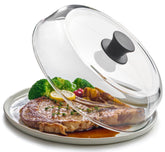 Le'raze glass splatter cover on a 10-inch plate prevents splatter during heating