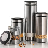 Le'raze stainless steel canister set with glass window on the counter for quick content checks.