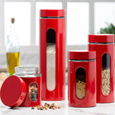Le'raze red stainless steel canister set with glass window for quick content viewing