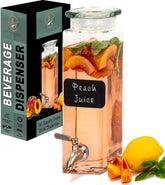 Le'raze square glass drink dispenser with 80oz capacity and leakproof spigot for easy pouring.