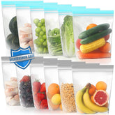 Lerine 12-pack blue-gray standup freezer bags for organized storage.