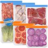 Lerine 6-pack gallon freezer bags on counter, dishwasher safe for easy cleaning.