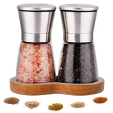 LessMo salt and pepper grinders with wooden stand for organized table seasoning.