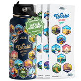 LET'S WANDER World Explorer bottle with stickers on blue surface keeps drinks cold longer.