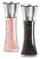 Levav premium salt and pepper grinder set with brushed steel and glass body for elegant table use.