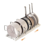 Lhieiayh pot rack under-cabinet view with seven adjustable dividers for organized cookware.