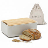 LIBKEN bread box front view in warm grey showing durable steel body