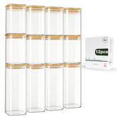 LIBWYS 12-pack square glass jars on a shelf for tidy pantry organization.