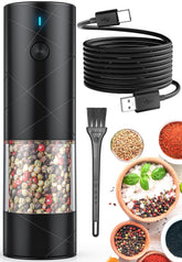 Lidaop electric salt and pepper grinder on a counter with a sleek black finish for precise seasoning.
