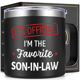 Lifecapido son-in-law mug in black with lid for travel.