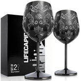 Lifecapido stainless steel wine glasses set of 2 with etched Baroque engravings for elegant entertaining.