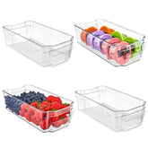 Lifemaster 4-piece stackable fridge bins set for organized fruit and snacks.