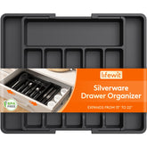 Lifewit silverware drawer organizer folded for compact drawers, ready to expand