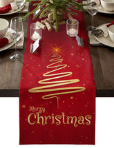 Lilmeme Merry Christmas Tree red table runner adds festive charm to indoor dining.