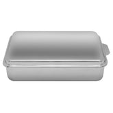 Lindy's 9x13 stainless steel covered cake pan with lid protects cakes and casseroles.