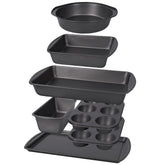 LISI 7 piece baking pans set shown together highlighting versatility for cakes muffins loaves and roasts