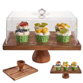 LiTY acacia 13in cake stand with dome highlights elegant dessert display and protection.