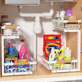 Liuoud under-sink organizer 2-pack setup shows clutter-free cabinet access.