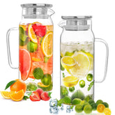 Liuruiyu glass pitcher front view, slim design for fridge door storage and easy pouring.