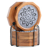LiWiBet wood coaster close-up highlights the grey felt pattern and surface protection.
