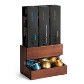 LKEUYUI wood pod dispenser for Vertuo with three sleeves keeps pods organized.