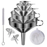 Lmoszuak stainless steel funnel set with five sizes for versatile kitchen transfers.
