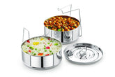 LNM Steamer Pans stacked inserts save space while cooking multiple dishes.