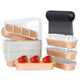 LNYZQUS disposable mini cake pans with lids, 50-pack, ideal for individual desserts.