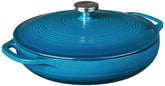 Lodge 3-6 quart enameled casserole in cornflower blue, perfect for even braising and serving.