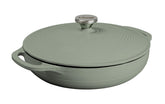 Lodge 3.6 qt enamelled cast iron casserole with desert sage lid on for marinating.