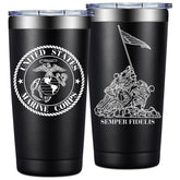 Loecuxe Marine Corps tumbler 20oz shows durable stainless steel for hot or cold drinks.