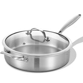 LOLYKITCH 5qt tri-ply sauté pan with lid delivers even heat for consistent browning.