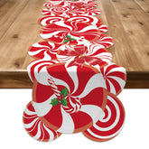 Lonfliness peppermint-lollipop red-white table runner adds festive charm to holiday dinners.