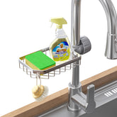 LONIN sponge holder over faucet with chrome finish keeps sponges dry and accessible.