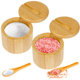 Loscarol bamboo salt cellar with magnetic lid and spoon for table seasoning.