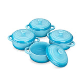 LOVECASA mini cocotte set in blue with four lids for precise portions.