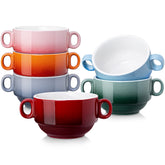LOVECASA multi-color 12 oz soup bowls with handles for individual portions.