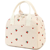 LOVELYWIND insulated cherry lunch bag front view showing sturdy handles and aluminum lining for fresh meals