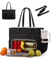 LOVEVOOK lunch tote front view with padded laptop sleeve and organized pockets.