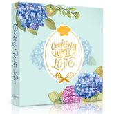 LuBudingJoy recipe binder with blue hydrangea cover for organized kitchen recipes.