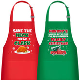 Luiqs Vens Christmas matching aprons for couples in festive red and green, ideal for gatherings