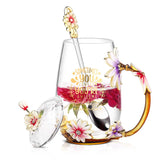 Luka Tech enamel glass mug with butterfly and daisy 3D designs for elegant daily tea moments.