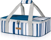LUNCIA insulated casserole carrier in blue, front view keeps meals hot for hours at gatherings.