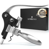 Luxiluxy wine bottle opener stand demonstrates easy cork access with organized storage