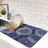 LuxStep dish drying mat demonstrates high absorption on a blue surface, keeping counters dry.