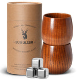 LUXULISH wooden bourbon glass with ice cubes preserves flavor while chilling.