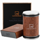 Luxworld rolling knife sharpener demonstrates coarse disc sharpening for a refreshed blade edge