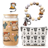 Lvoetgif Highland cow glass cup with lid, ideal for iced coffee on busy mornings