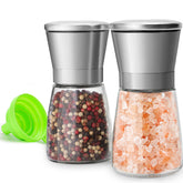 M JINGMEI salt and pepper grinder set, glass shakers, top view for precise seasoning.