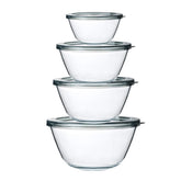 M MCIRCO glass mixing bowls stacked show space-saving design for small kitchens.